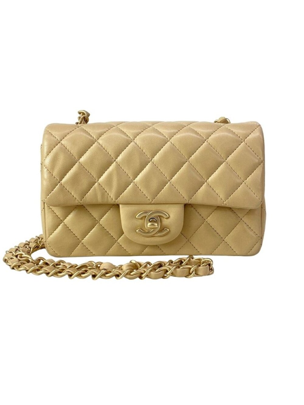 Chanel Shoulder Bag Mini Quilted Beige Matte Togo Chain Lambskin